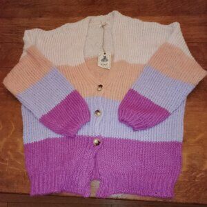 NWOT Easel Ivory Magenta Longsleeve Color Block Knitted Cardigan Oversized Small